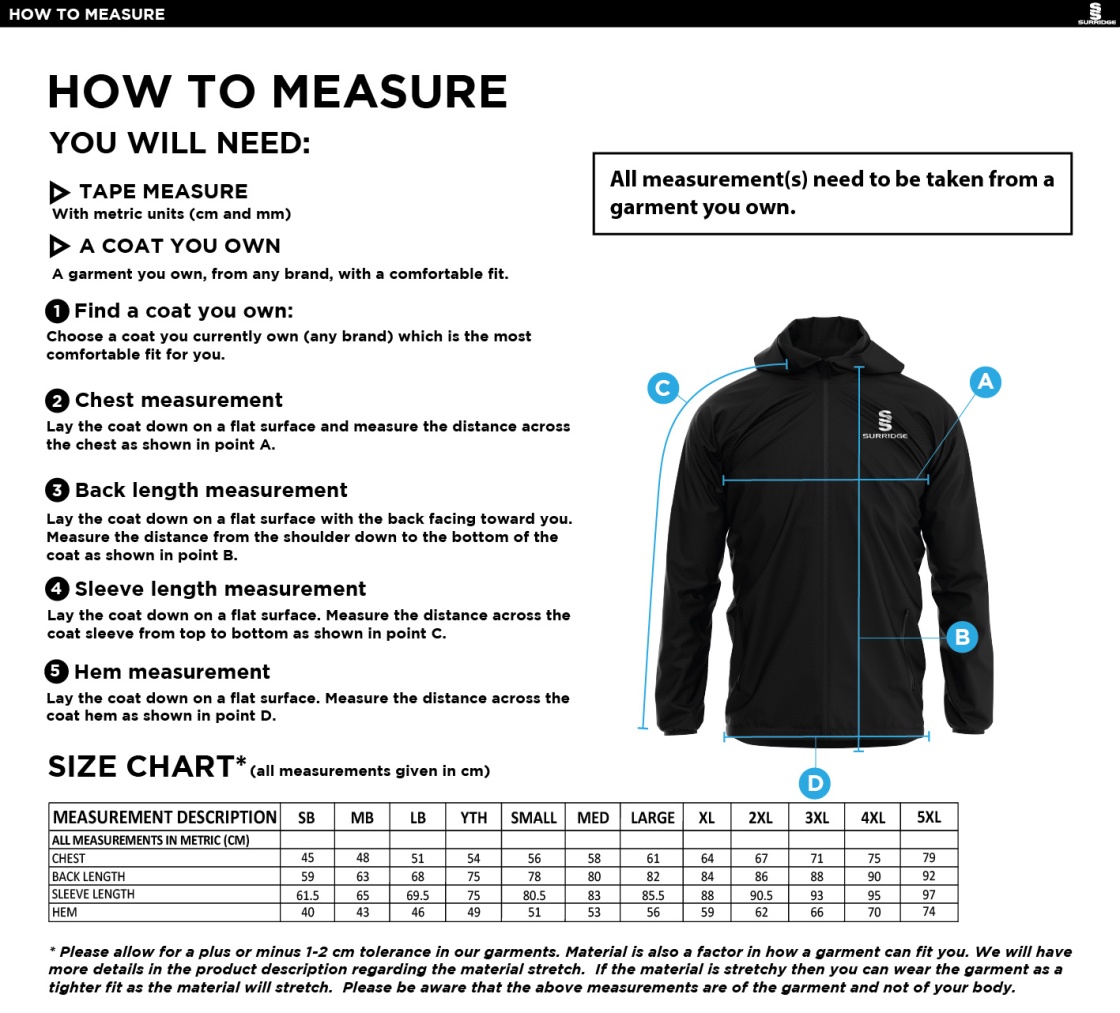 Griff and Coton CC - Training Jacket - Size Guide