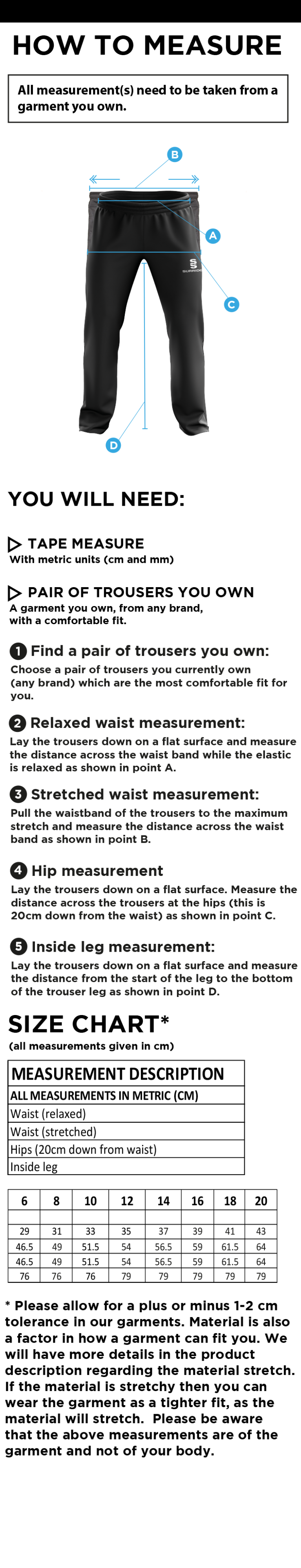 Griff and Coton CC - Women's Rip Stop Tracksuit Pants - Size Guide
