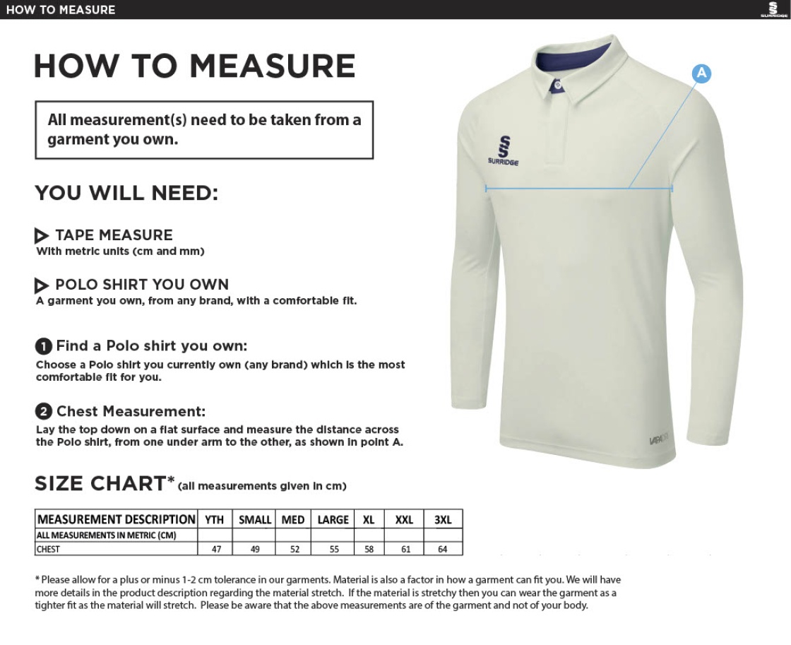 GRIFF AND COTTON Dual Cricket Shirt Long Sleeve - Size Guide