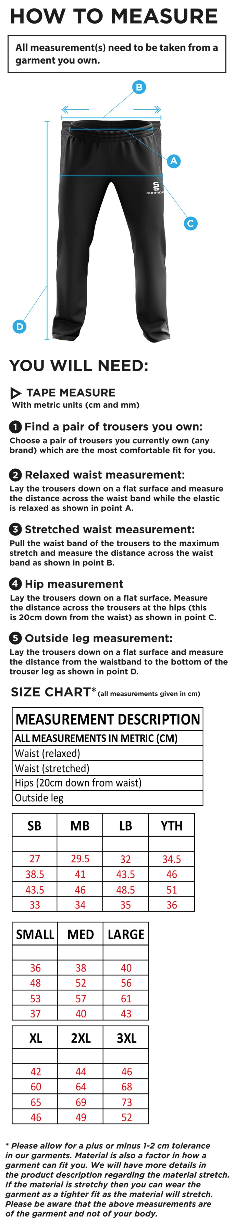Griff and Coton CC - Rip Stop Tracksuit Pants - Size Guide
