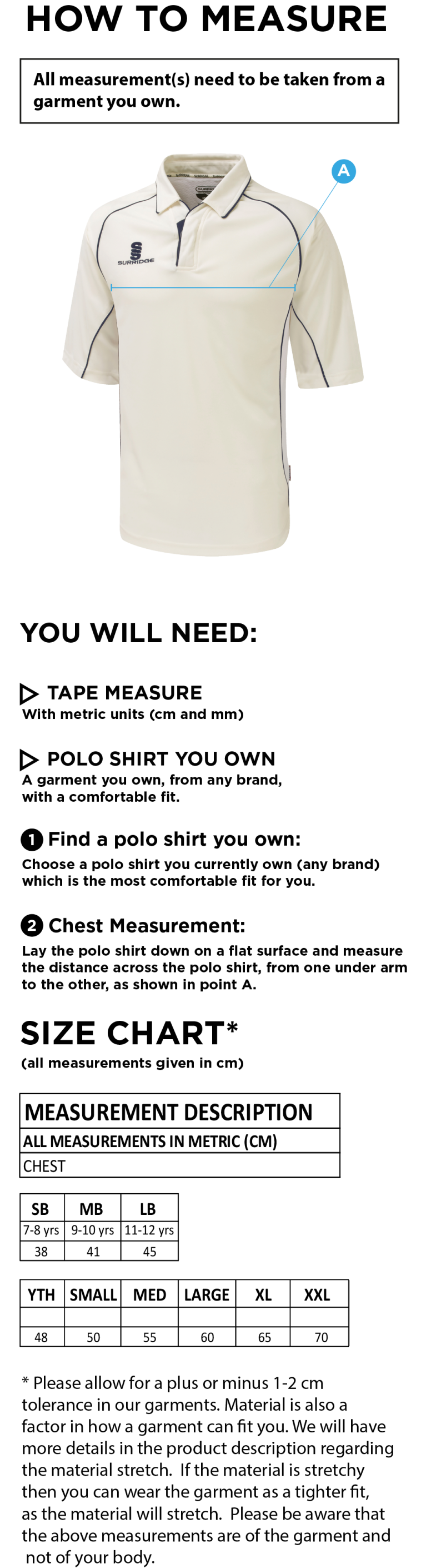 Griff and Coton CC - S/S Prem 3/4 shirt - Size Guide