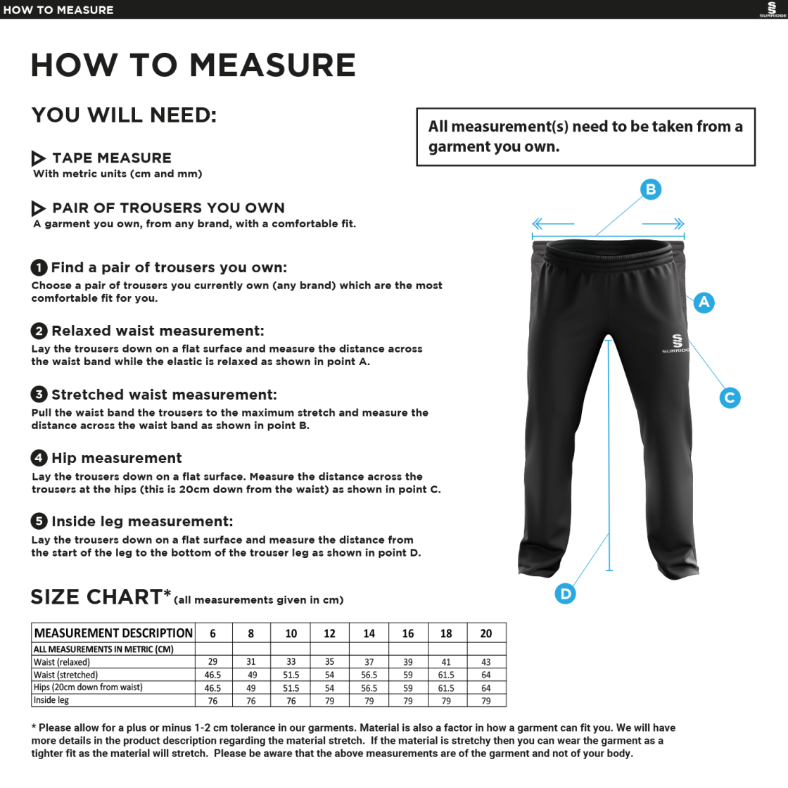Griff and Coton CC - Women's Rip Stop Tracksuit Pants - Size Guide