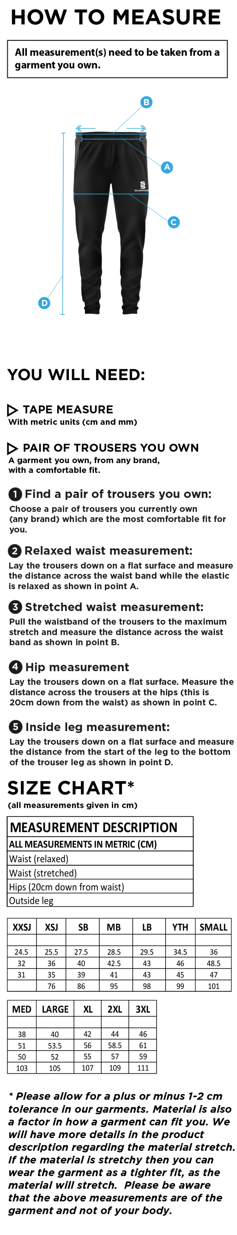 Griff and Coton CC - Tek Skinny Pants - Size Guide