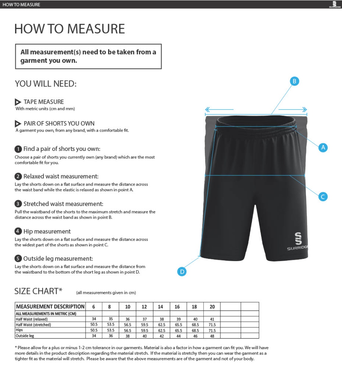 Griff and Coton CC - Women's Rip Stop Training Shorts - Size Guide