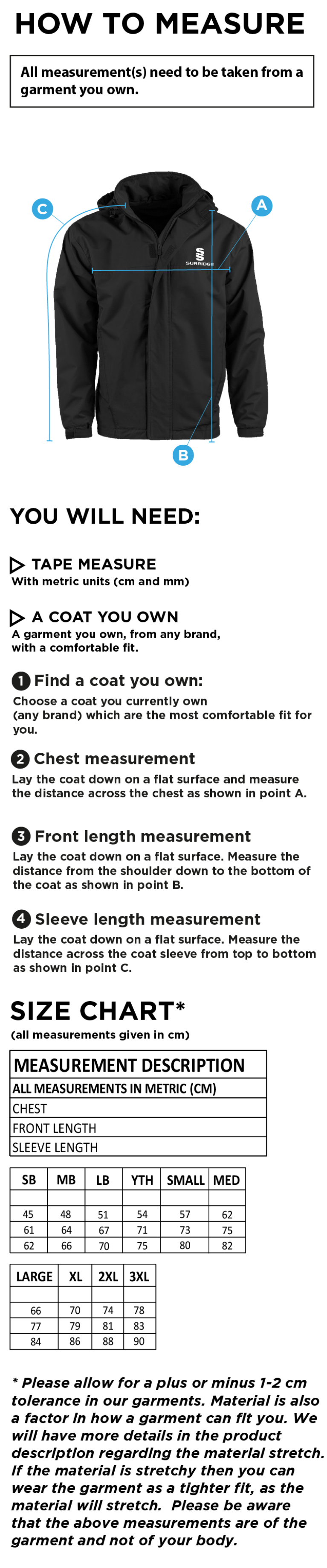 Griff and Coton CC - Fleece Lined Jacket - Size Guide