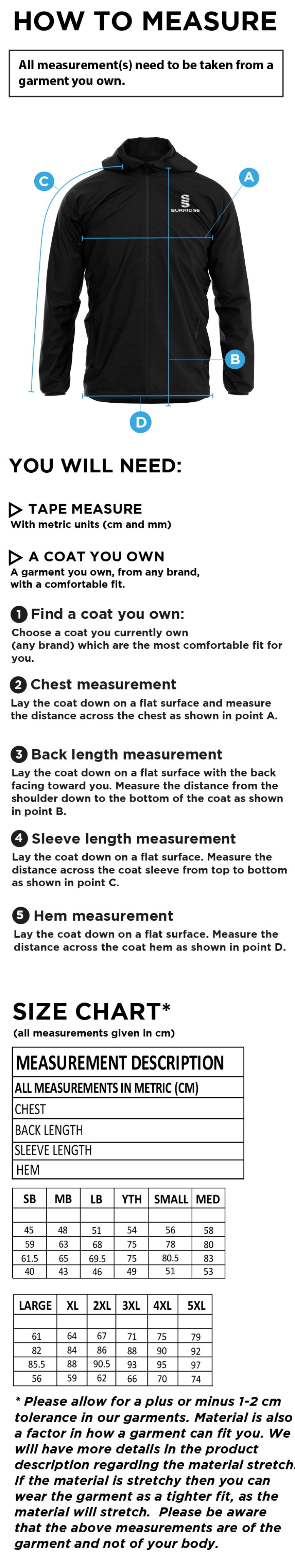 Griff and Coton CC - Training Jacket - Size Guide