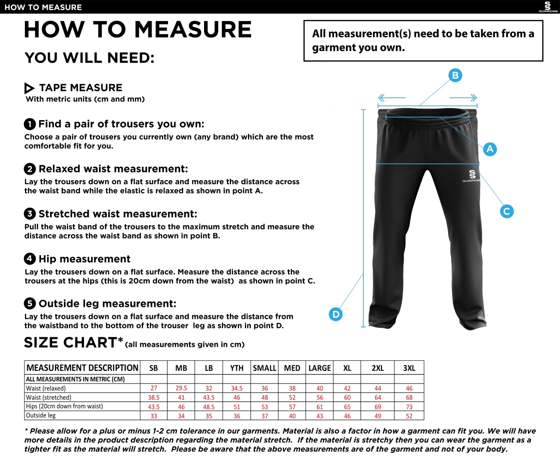 Griff and Coton CC - Rip Stop Tracksuit Pants - Size Guide